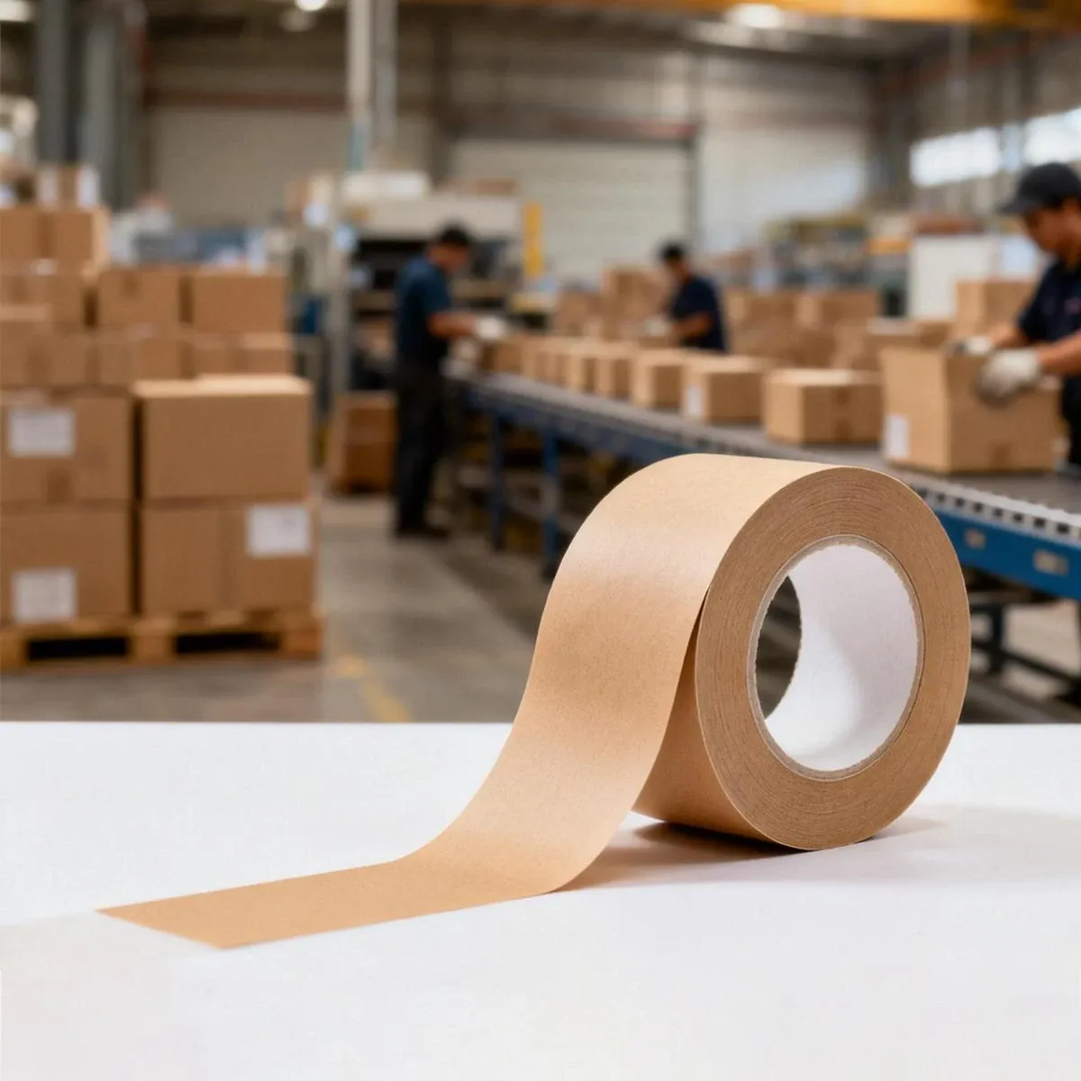 Rolo de fita kraft sobre a mesa de um centro de distribuição